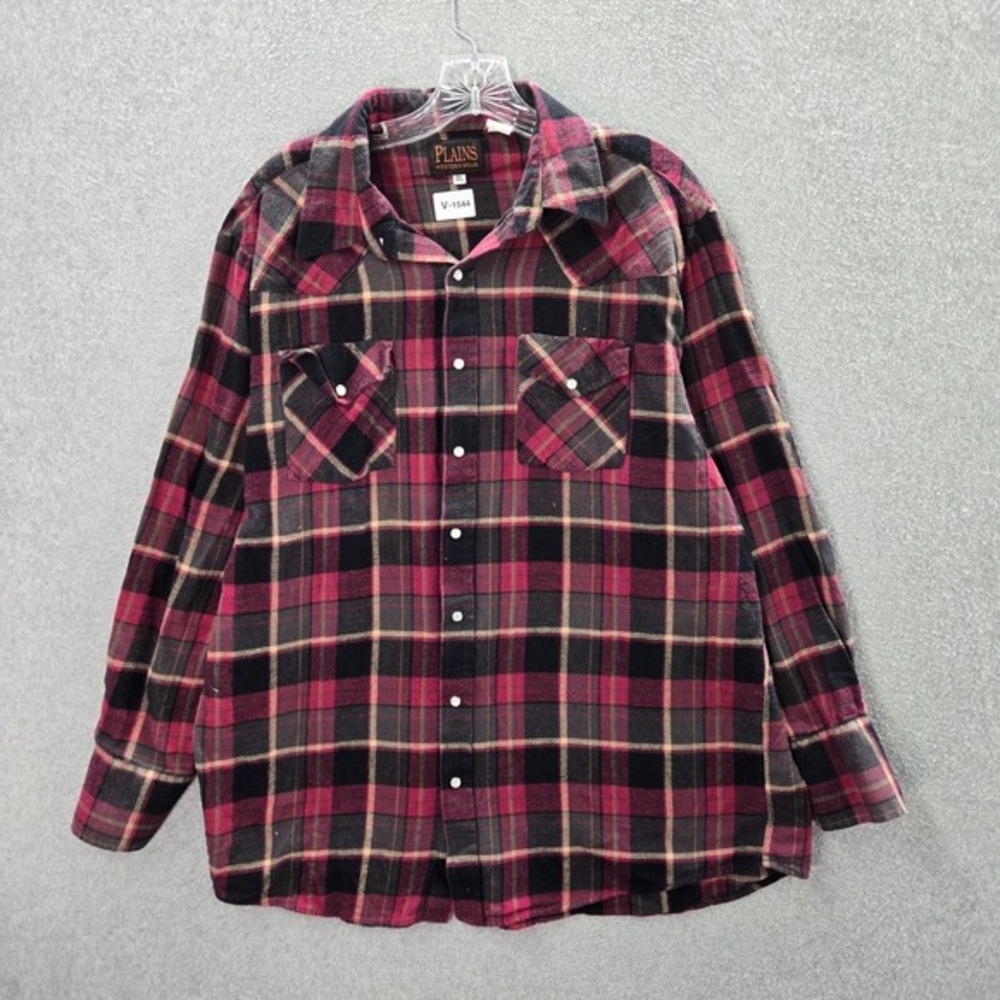 Plains Western Wear Men Button Up Shirt XL‎ Red Plaid Flannel Long Sleeve